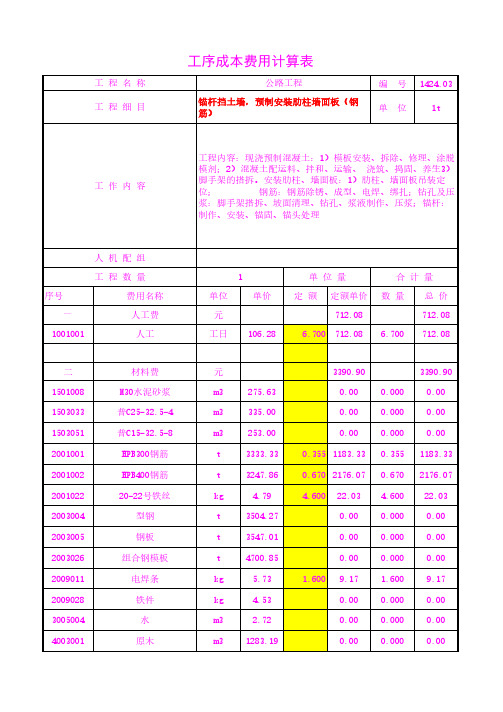 锚杆挡土墙,预制安装肋柱墙面板(钢筋)工序成本单价20年3月