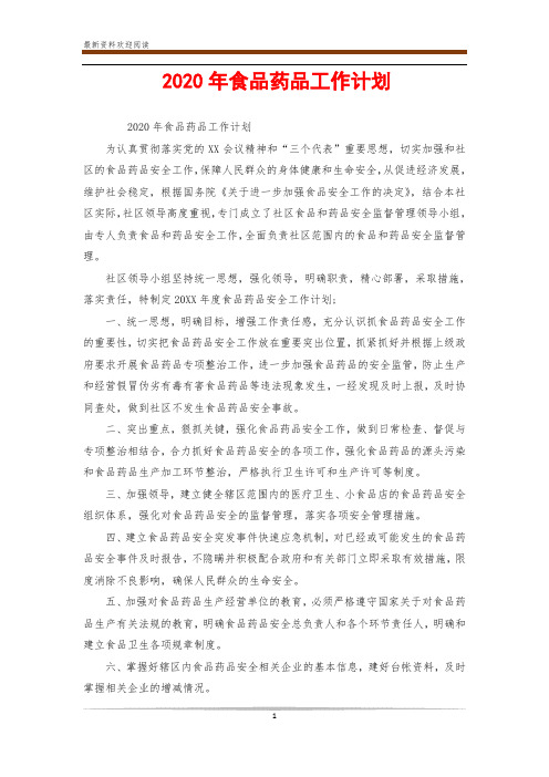 2020年食品药品工作计划