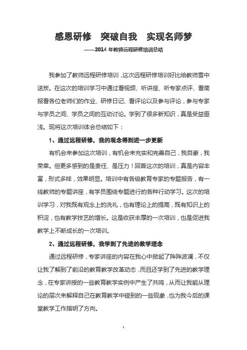 2014年教师远程研修培训总结