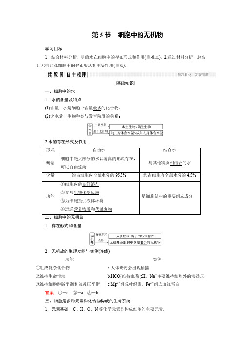 人教版高中生物必修一学案：2.5 细胞中的无机物 (含答案)