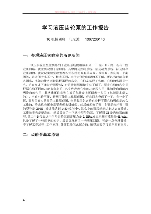 学习液压齿轮泵的工作报告