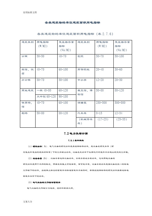 各类建筑物地单位建筑面积用电指标