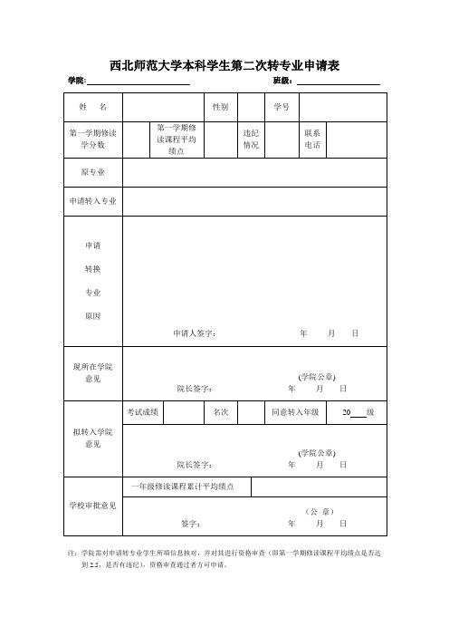 西北师范大学本科学生第二次转专业申请表