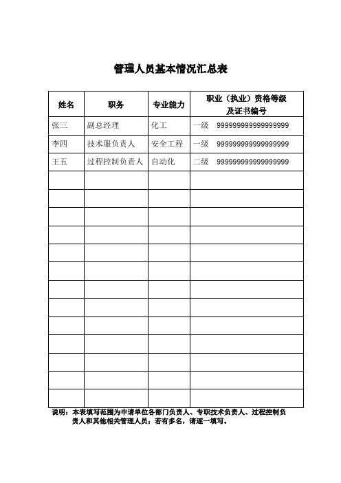 管理人员基本情况汇总表 示例表