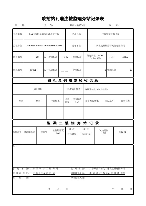 旋挖钻孔灌注桩监理旁站记录表