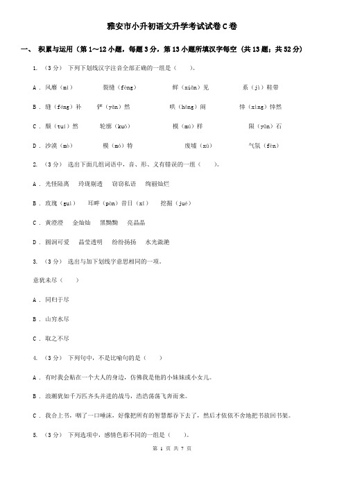 雅安市小升初语文升学考试试卷C卷