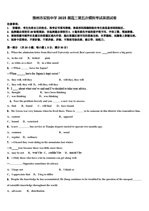 惠州市实验中学2025届高三第五次模拟考试英语试卷含解析