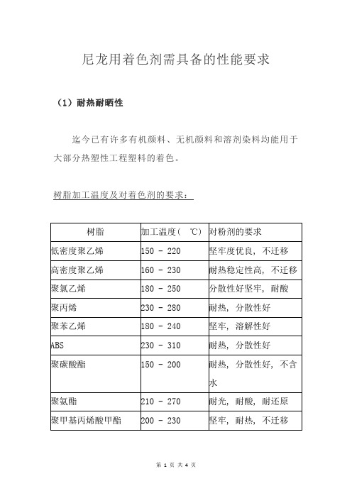 尼龙用着色剂需具备的性能要求