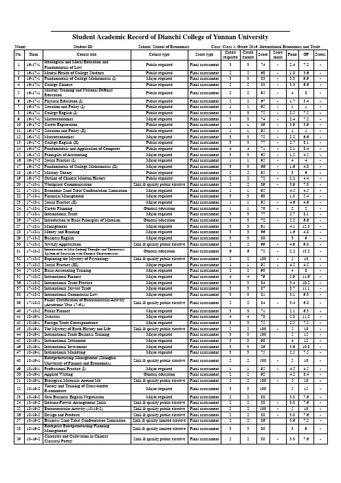 成绩单-云南大学滇池学院-经济学院-竖版12列