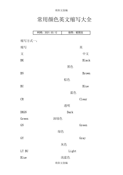 常用颜色英文缩写大全之欧阳文创编