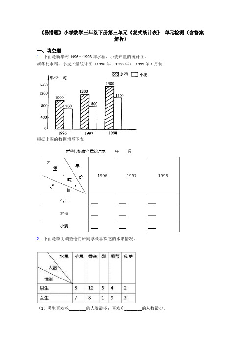 《易错题》小学数学三年级下册第三单元《复式统计表》 单元检测(含答案解析)