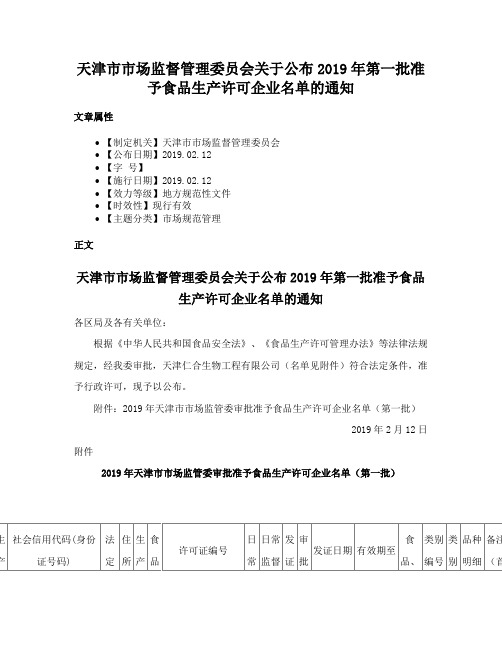 天津市市场监督管理委员会关于公布2019年第一批准予食品生产许可企业名单的通知