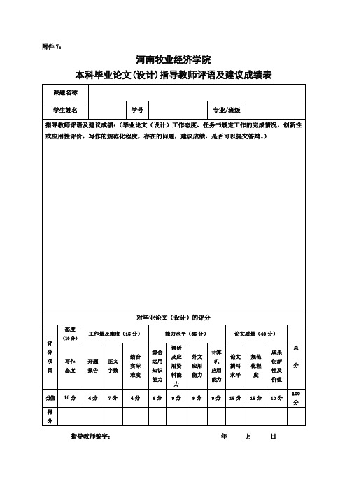 本科毕业论文(设计)指导教师评语及建议成绩表