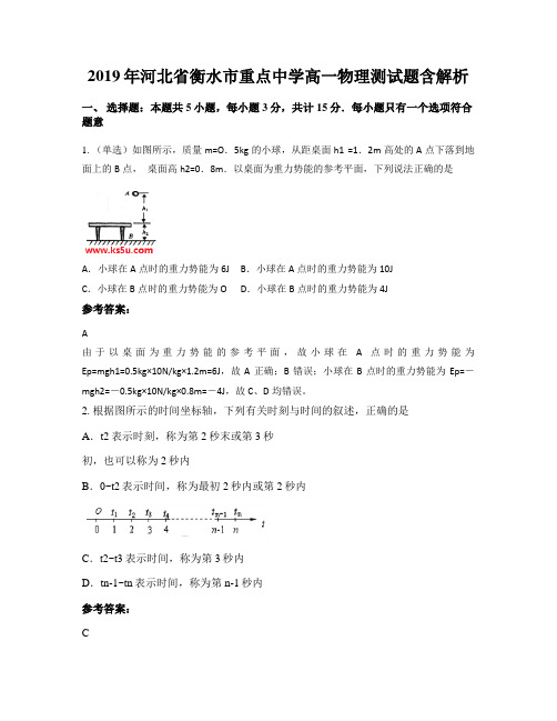 2019年河北省衡水市重点中学高一物理测试题含解析