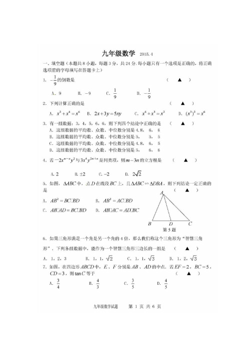 2015江都区一模 江苏省扬州市江都区2015届九年级第一次模拟数学试题 扫描版含答案