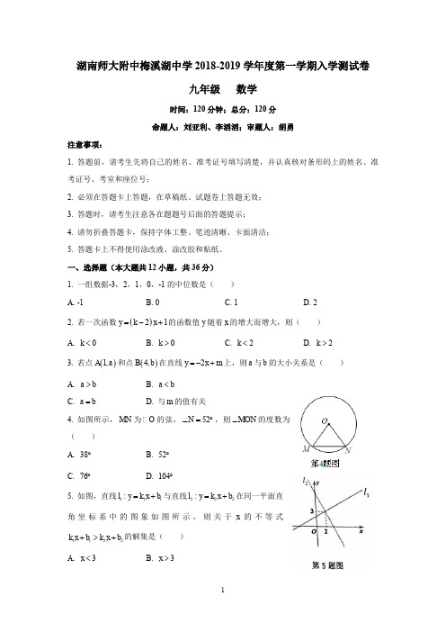 湖南四大名校内部资料九年级数学长沙市师大附中梅溪湖中学2018-2019学年初三上学期入学考试数学试卷