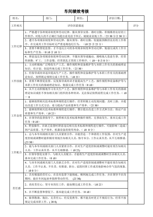 车间员工绩效考核表