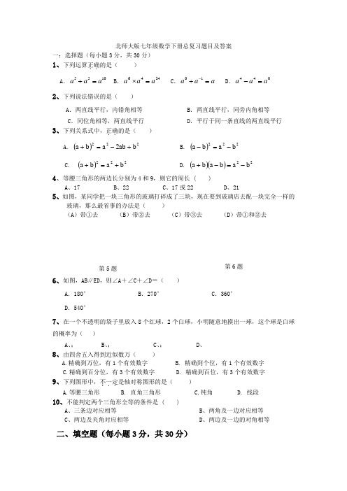 北师大版七年级数学下册总复习题目及答案