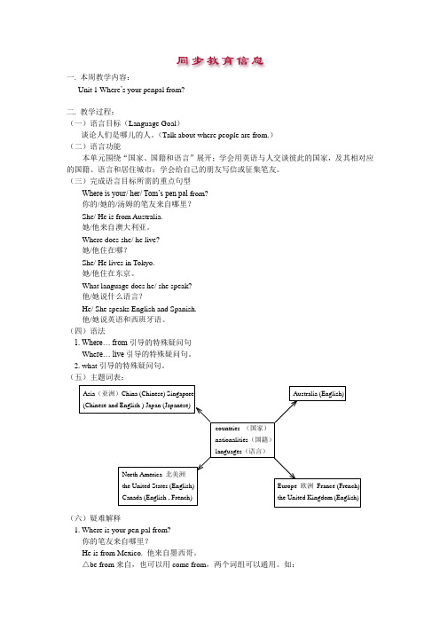 [初一英语]新目标英语七年级下同步辅导Unit 1 Where is your penpal from