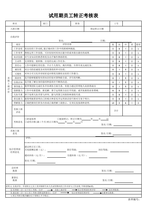 试用期员工转正考核表