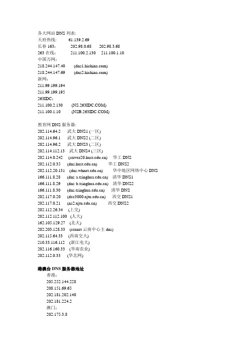 世界主要的t和全国DNS服务器IP地址一览