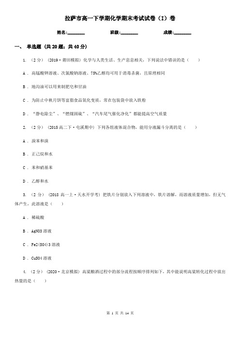 拉萨市高一下学期化学期末考试试卷(I)卷