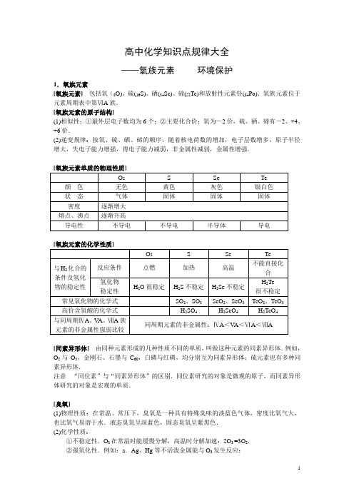 高中化学知识点规律大全——《氧族元素 环境保护》