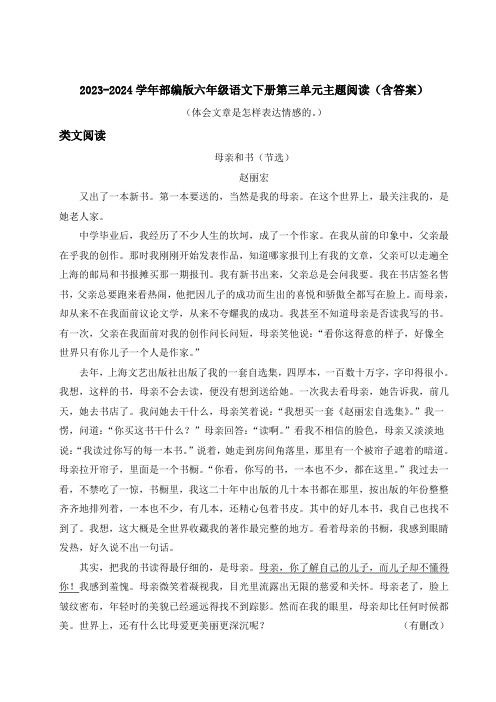 2023-2024学年部编版六年级语文下册第三单元主题阅读(含答案)