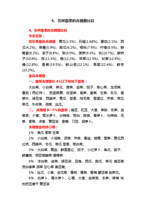 4、各种蔬果的含糖量比较