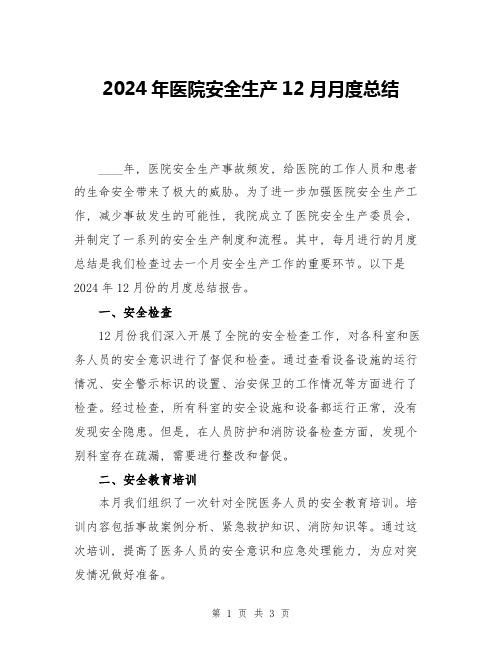 2024年医院安全生产12月月度总结