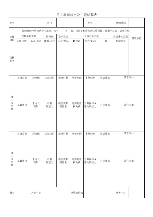 表单二《员工离职移交及工资结算表》