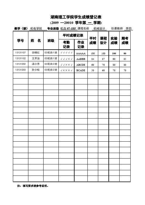 湖南理工学院学生成绩登记表