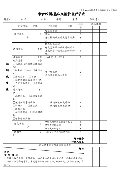 (完整word版)患者坠床跌倒风险评估表