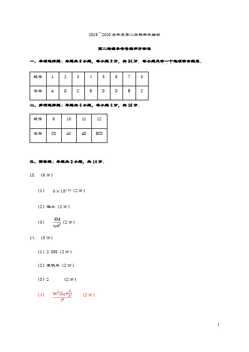 江苏省徐州市2019-2020学年高二物理下学期期末抽测答案