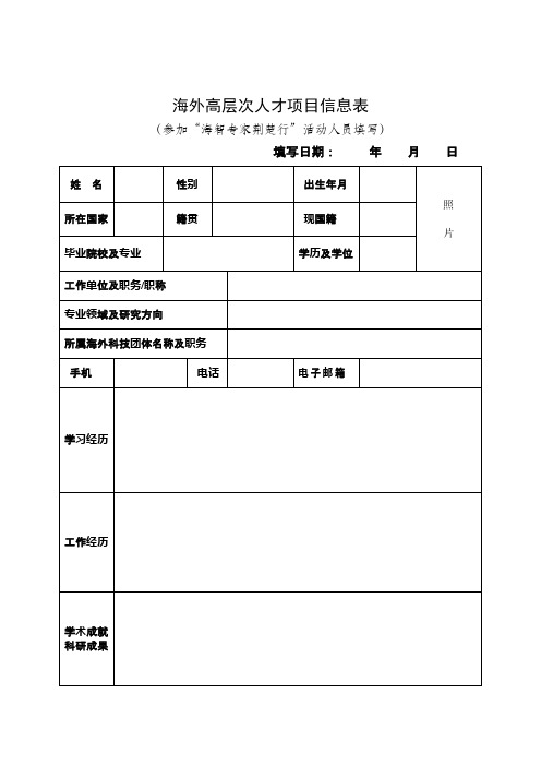 海外高层次人才项目信息表