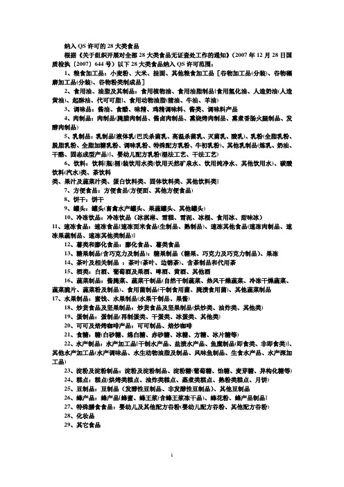 纳入QS许可的28大类食品分类