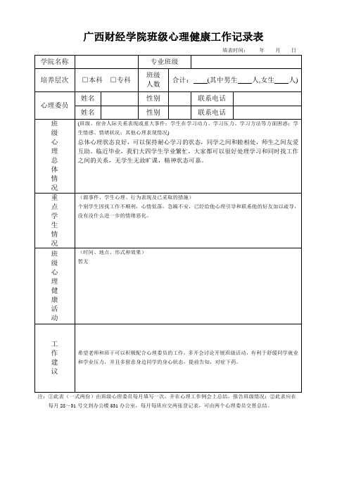 广西财经学院班级心理健康工作记录表