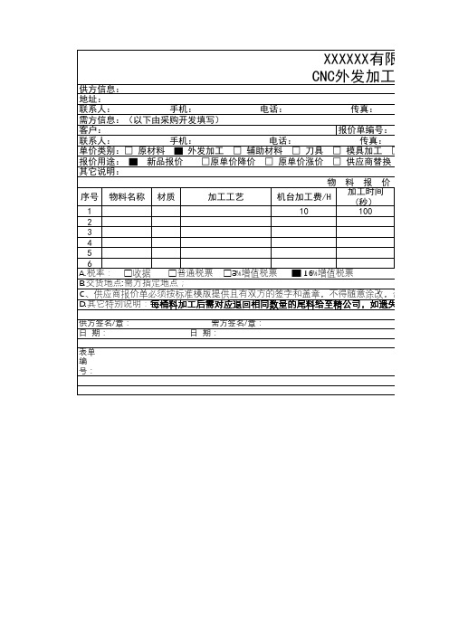 CNC外发加工报价单