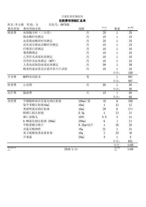 李玉娥住院患者     费用汇总明细表(模板)