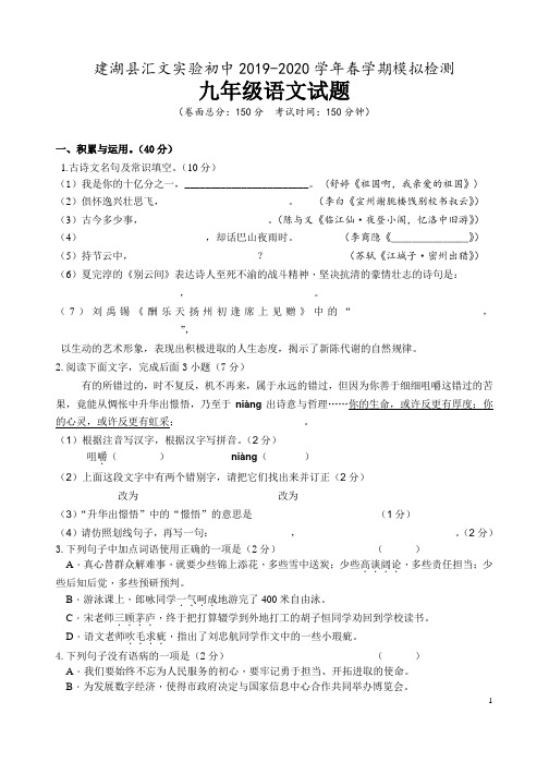 江苏省盐城市建湖县汇文实验初中教育集团2019-2020学年下学期模拟检测九年级语文试题(含答案)