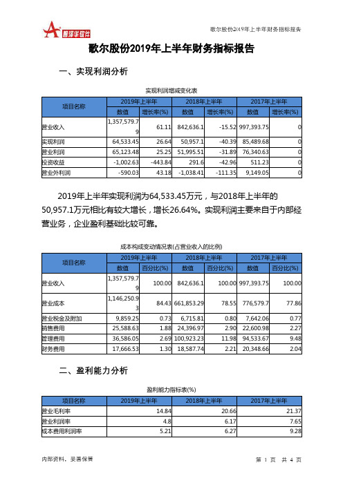 歌尔股份2019年上半年财务指标报告