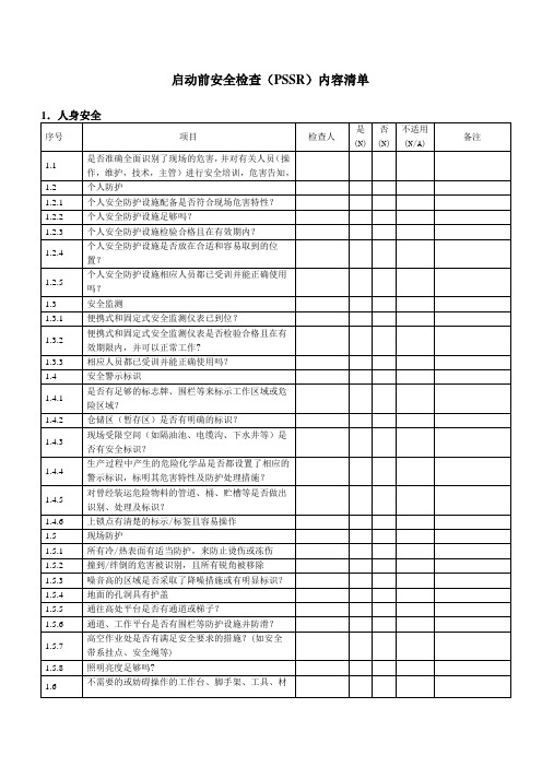 启动前安全检查(PSSR)内容清单