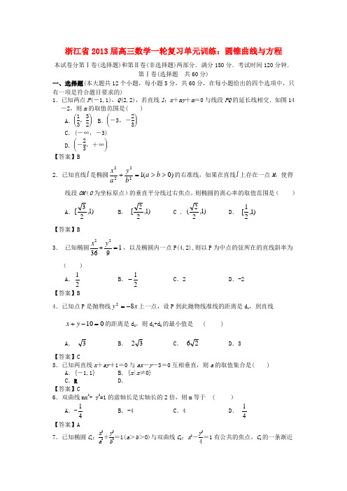 浙江省高三数学一轮复习 圆锥曲线与方程单元训练