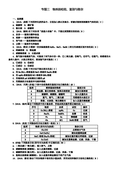 中考化学总复习试题专题三物质的检验鉴别与除杂