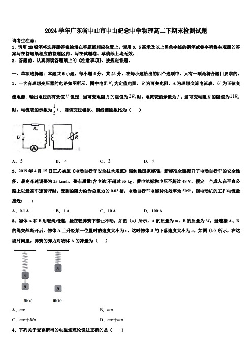 2024学年广东省中山市中山纪念中学物理高二下期末检测试题(含解析)