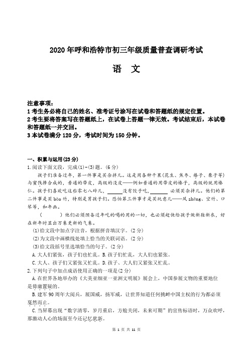 2020年呼和浩特市初三年级质量普查调研考试语文试题(一模)含答案