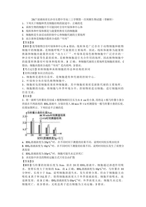 2017届湖南省长沙市长郡中学高三上学期第一次周测生物试题(带解析)