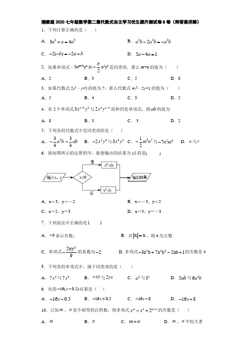 湘教版2020七年级数学第二章代数式自主学习优生提升测试卷B卷(附答案详解)