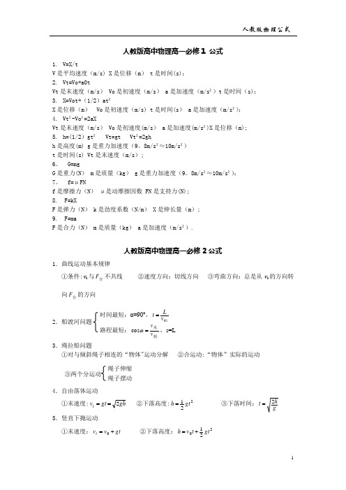 人教版高中物理必修一、必修二公式