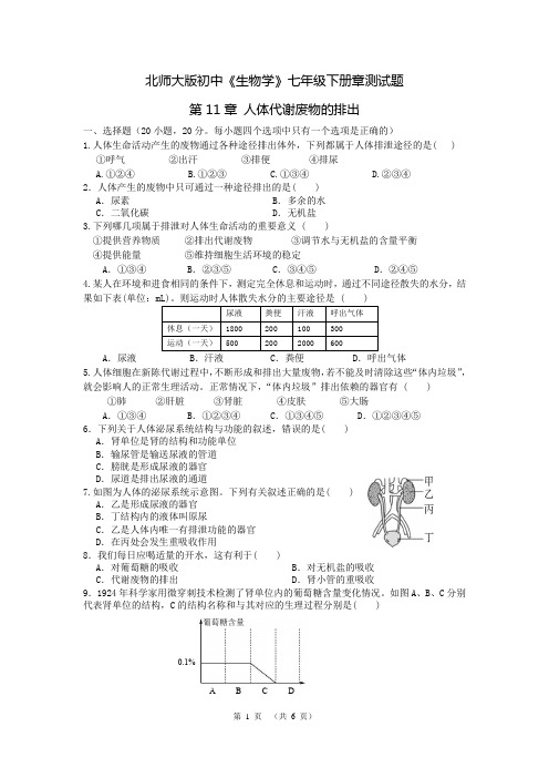 北师大版七年级下册初中生物学章测试题+·+第11章+人体代谢废物的排出 (1)  基本功训练 同步练习册